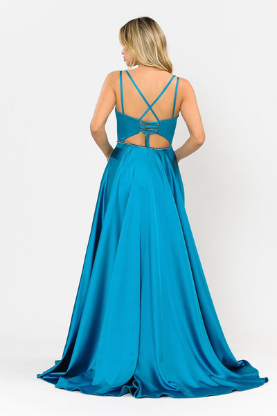 Poly USA 8654 Long Satin V-Neck Dress with Corset Back