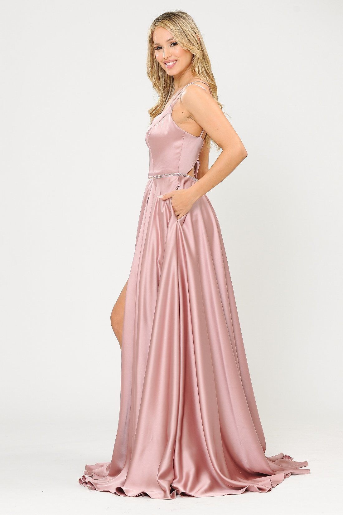 Poly USA 8654 Long Satin V-Neck Dress with Corset Back
