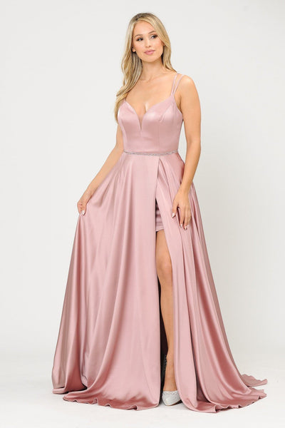 Poly USA 8654 Long Satin V-Neck Dress with Corset Back