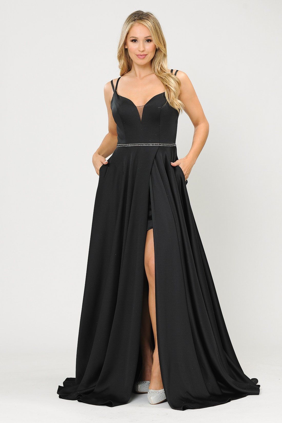 Poly USA 8654 Long Satin V-Neck Dress with Corset Back