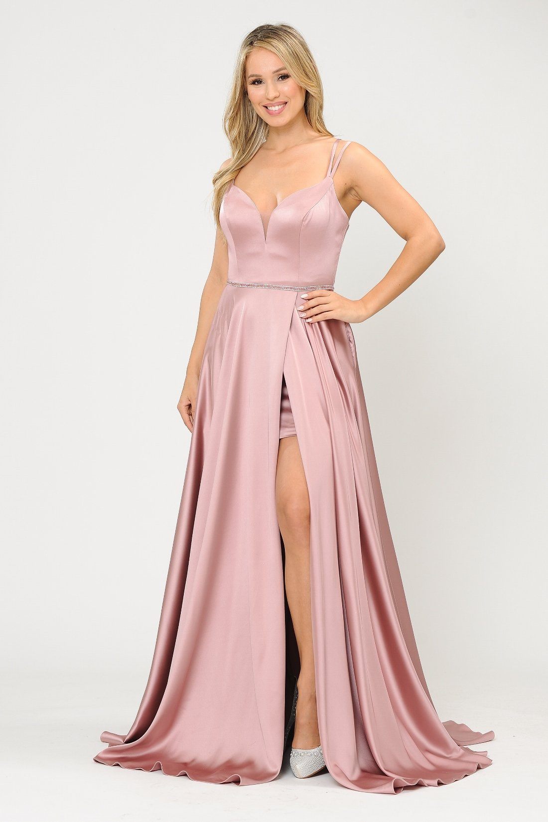 Poly USA 8654 Long Satin V-Neck Dress with Corset Back