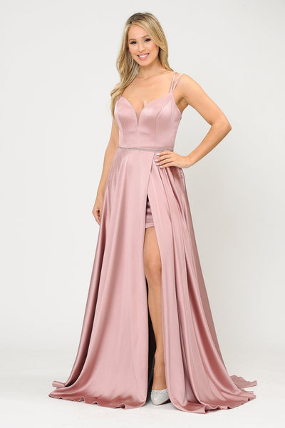 Poly USA 8654 Long Satin V-Neck Dress with Corset Back
