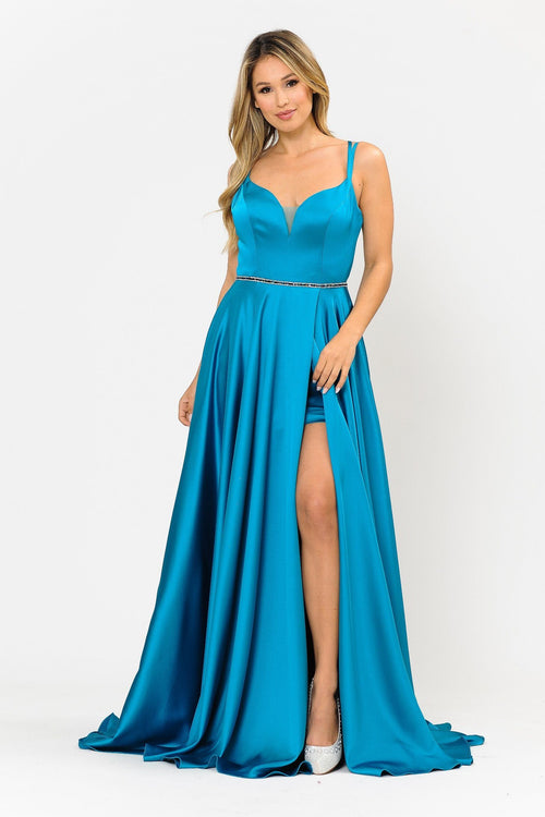 Poly USA 8654 Long Satin V-Neck Dress with Corset Back