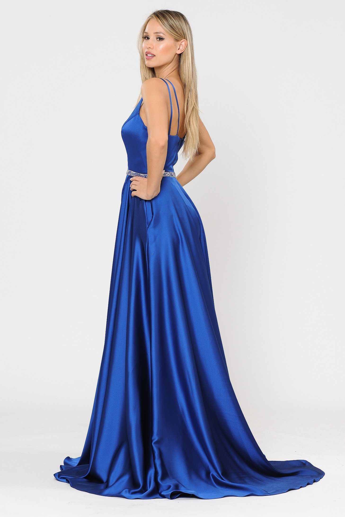 Poly USA 8604 Long Satin V-Neck Dress with Short Skirt