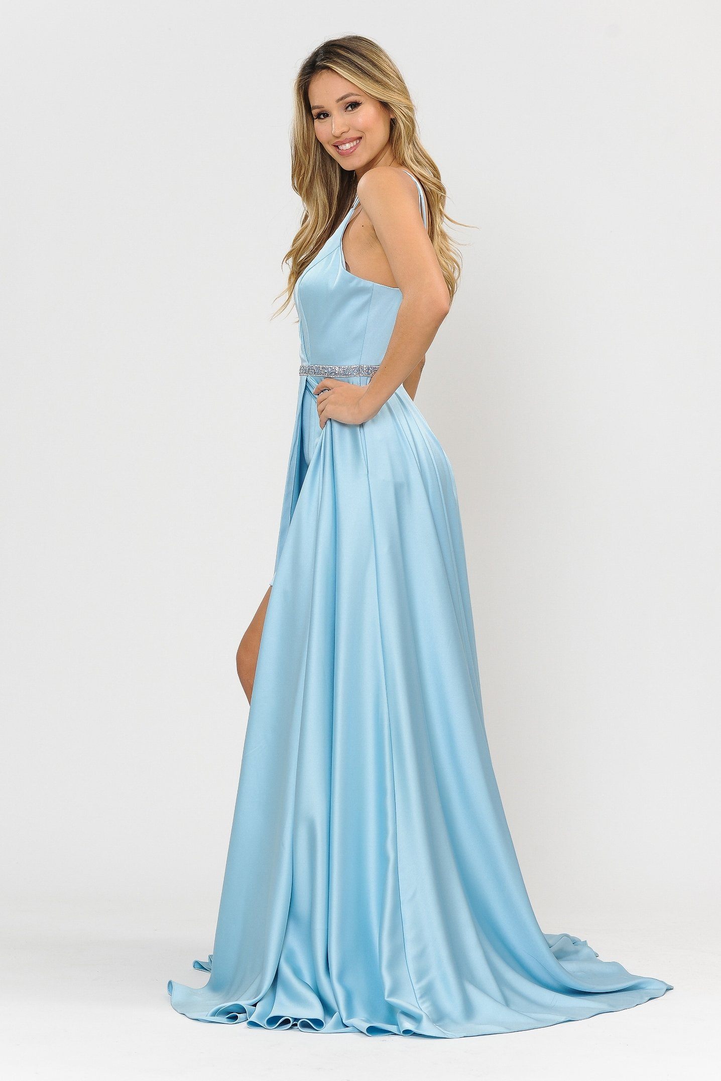Poly USA 8604 Long Satin V-Neck Dress with Short Skirt