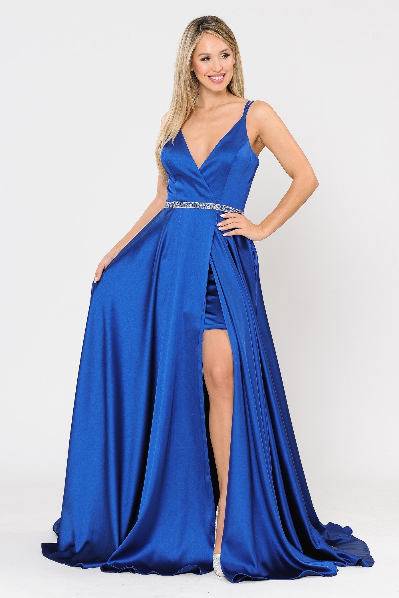 Poly USA 8604 Long Satin V-Neck Dress with Short Skirt