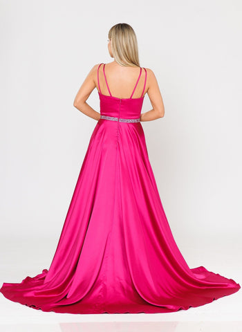 Poly USA 8604 Long Satin V-Neck Dress with Short Skirt