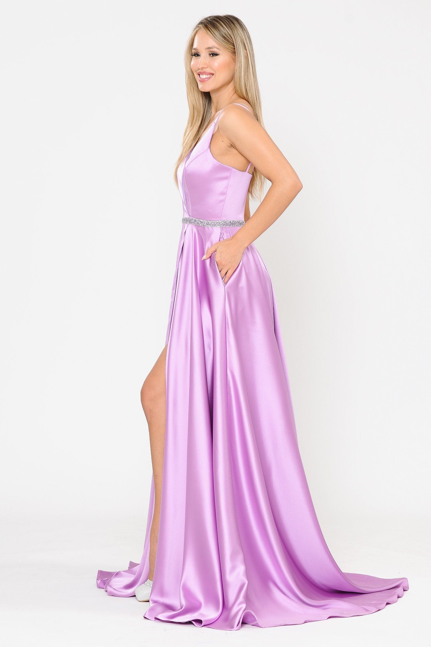 Poly USA 8604 Long Satin V-Neck Dress with Short Skirt