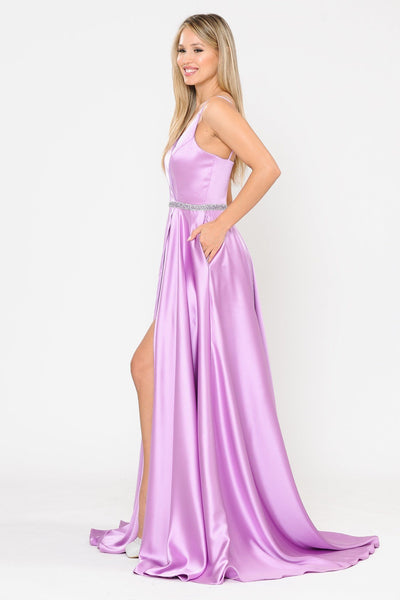 Poly USA 8604 Long Satin V-Neck Dress with Short Skirt