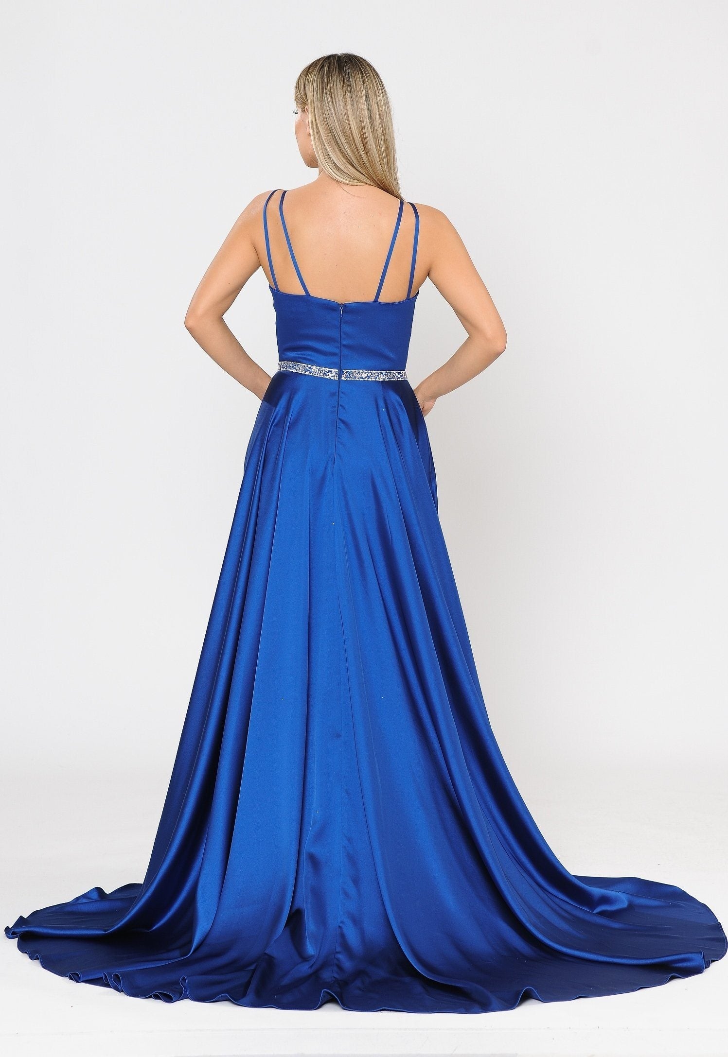 Poly USA 8604 Long Satin V-Neck Dress with Short Skirt