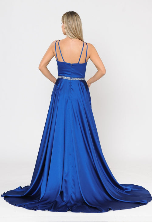 Poly USA 8604 Long Satin V-Neck Dress with Short Skirt