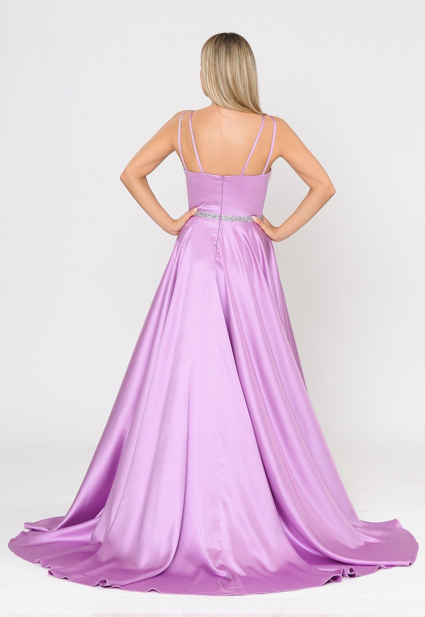 Poly USA 8604 Long Satin V-Neck Dress with Short Skirt