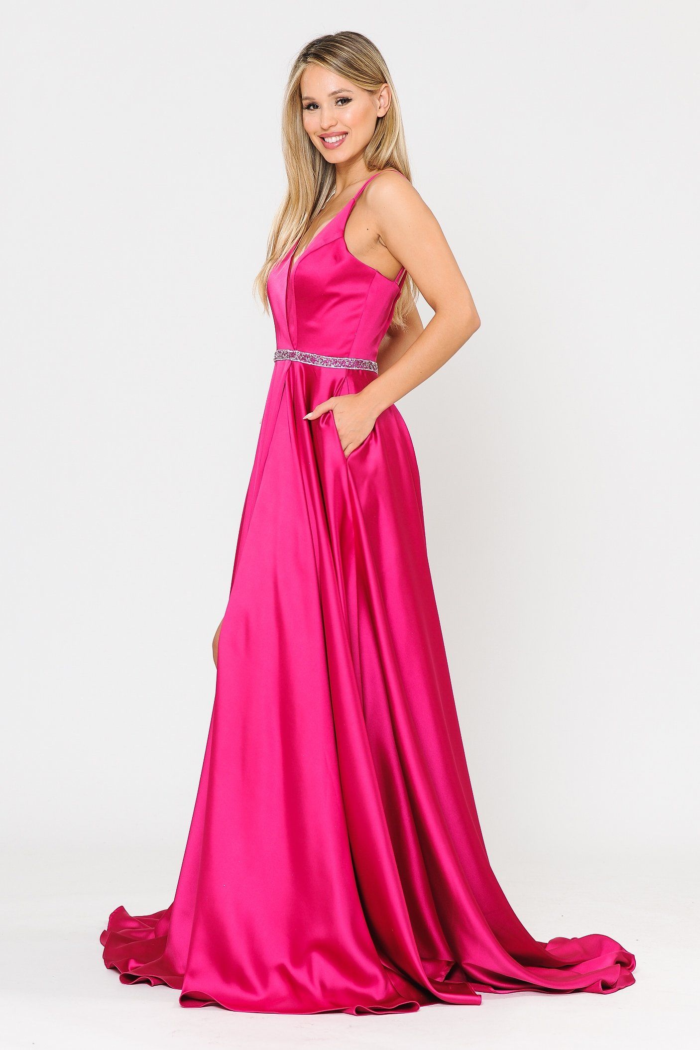 Poly USA 8604 Long Satin V-Neck Dress with Short Skirt