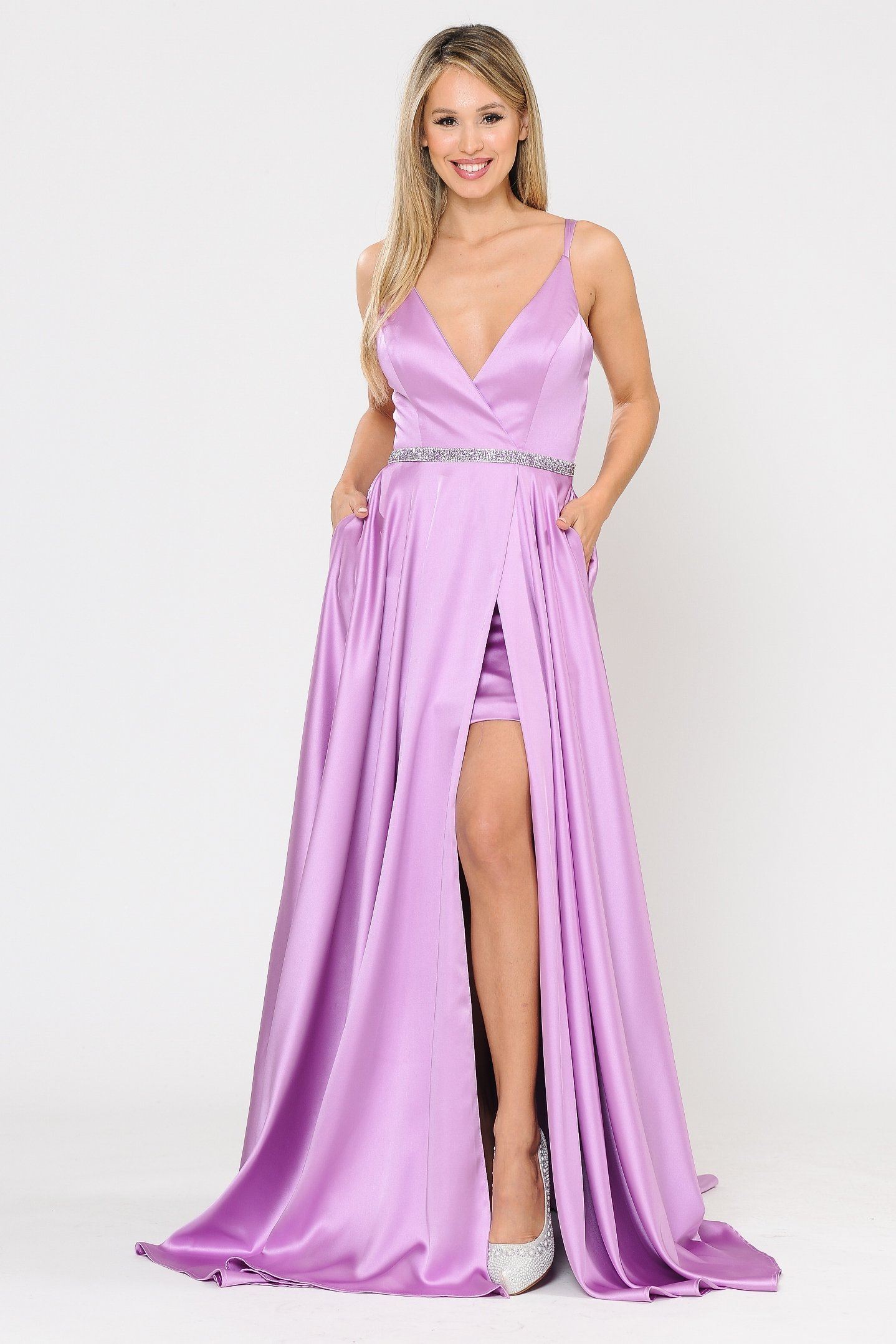 Poly USA 8604 Long Satin V-Neck Dress with Short Skirt