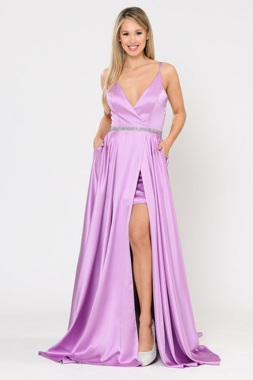 Poly USA 8604 Long Satin V-Neck Dress with Short Skirt