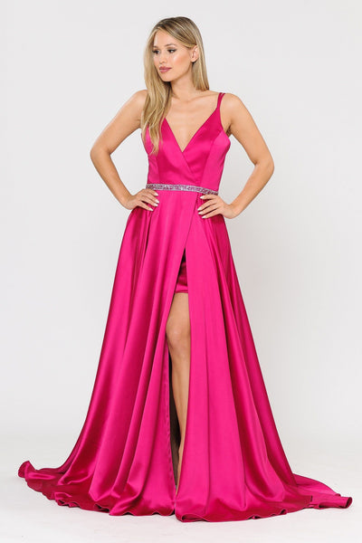 Poly USA 8604 Long Satin V-Neck Dress with Short Skirt