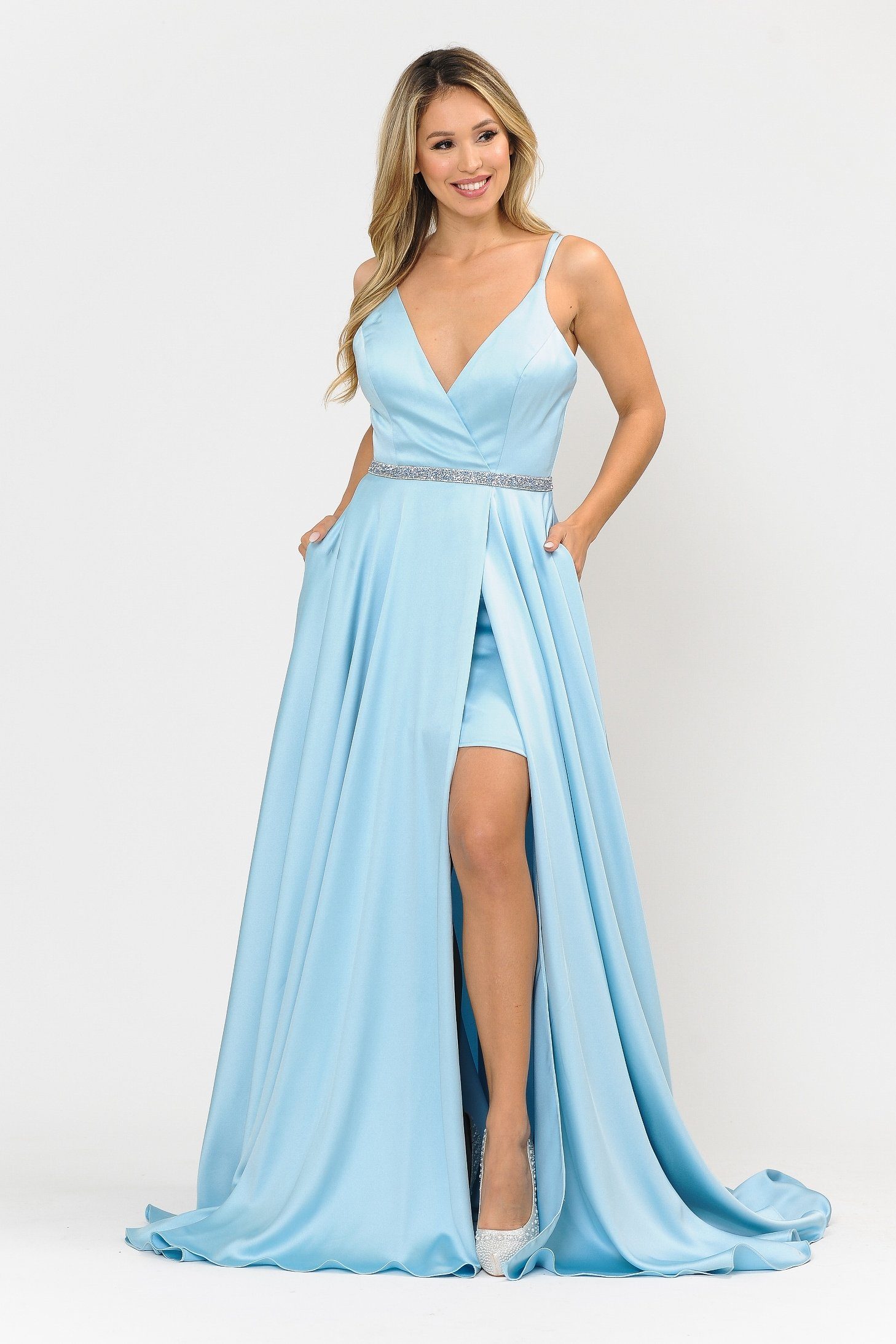 Poly USA 8604 Long Satin V-Neck Dress with Short Skirt