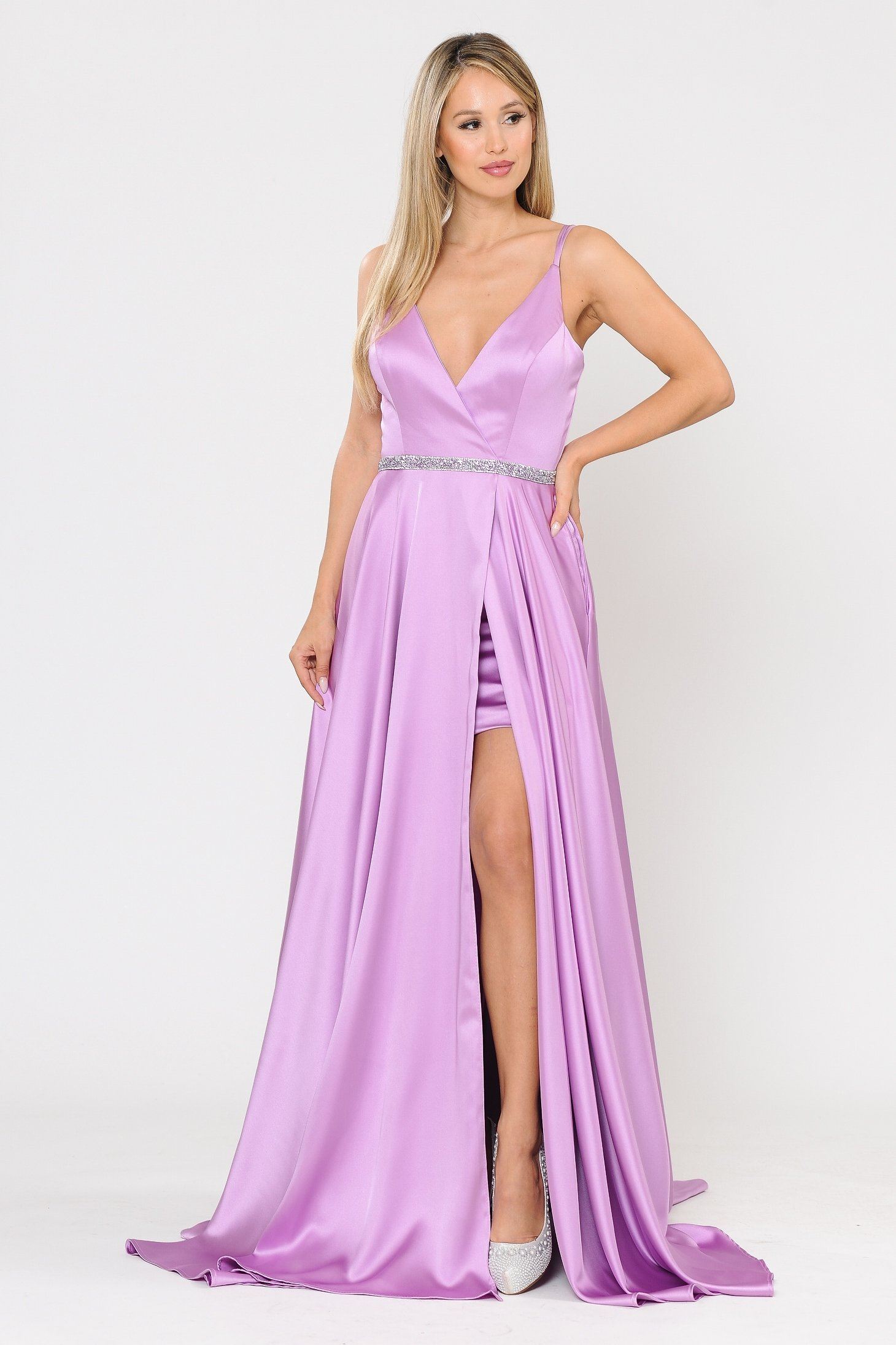 Poly USA 8604 Long Satin V-Neck Dress with Short Skirt
