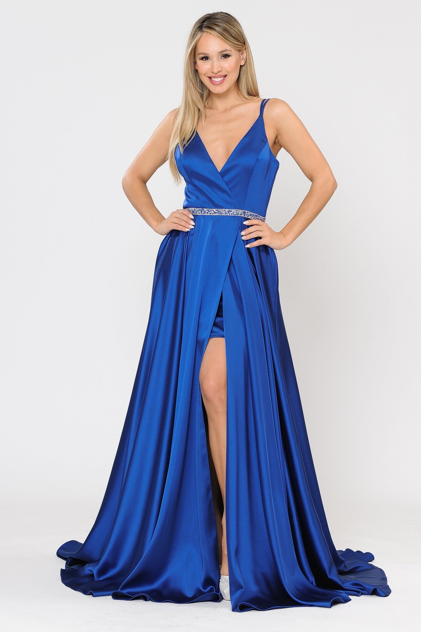 Poly USA 8604 Long Satin V-Neck Dress with Short Skirt