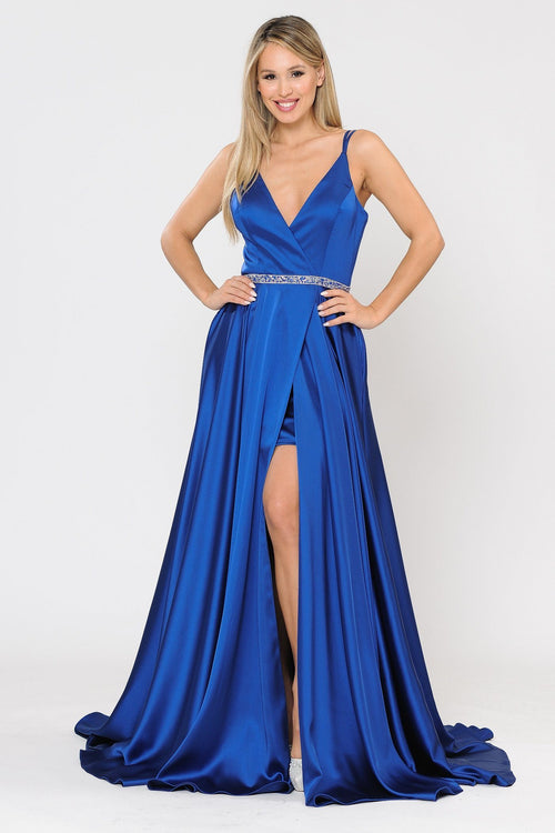 Poly USA 8604 Long Satin V-Neck Dress with Short Skirt