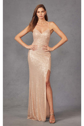 Long Sequin Gown with V-Neck and Slit by Juliet 273