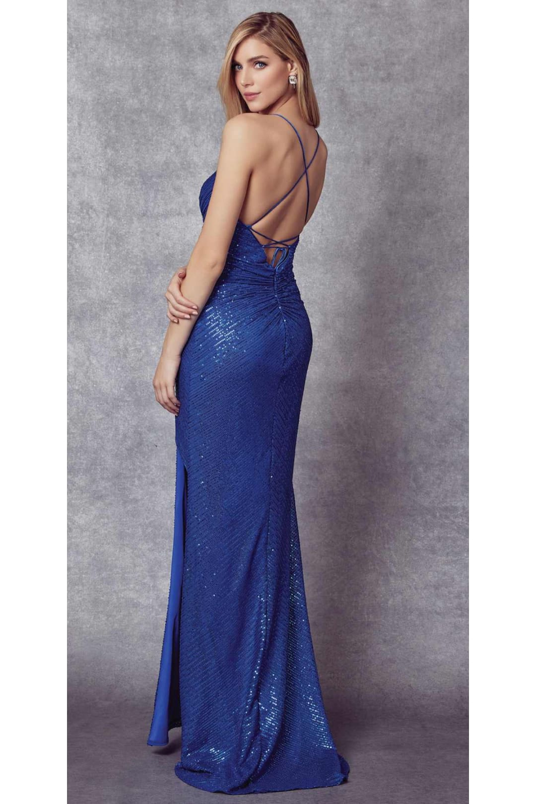 Long Sequin Gown with V-Neck and Slit by Juliet 273 - Dress