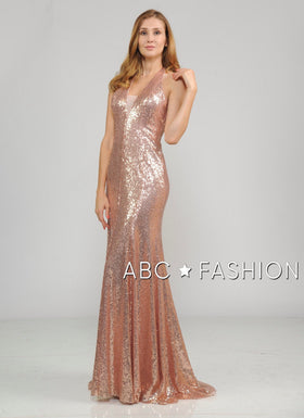 Long Halter Sequined Mermaid Open Back Gown By Poly USA 8268