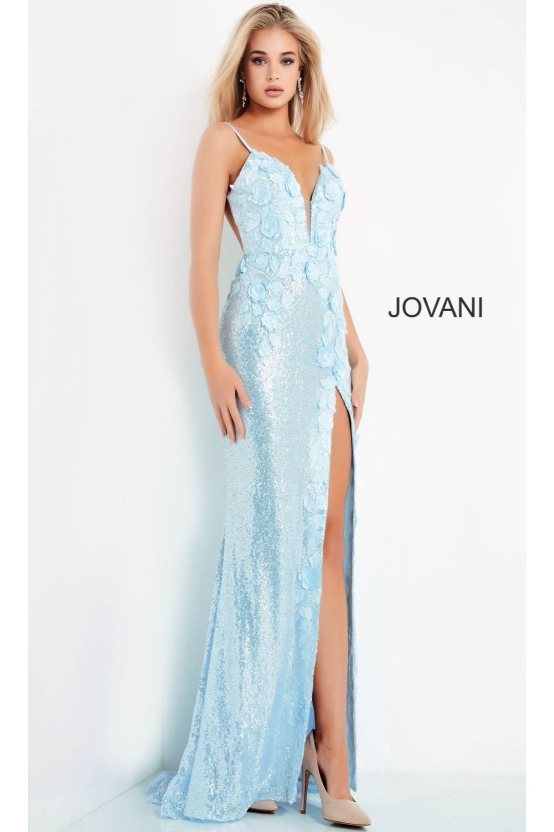 Long Sequin Jovani Prom Dress with Appliques - Light Blue / 00 - Apparel & Accessories > Clothing > Dresses