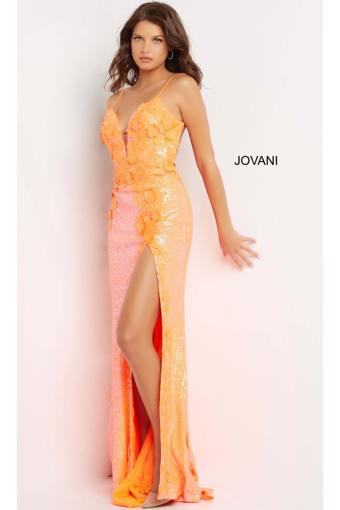 Long Sequin Jovani Prom Dress with Appliques - Orange / 00 - Apparel & Accessories > Clothing > Dresses