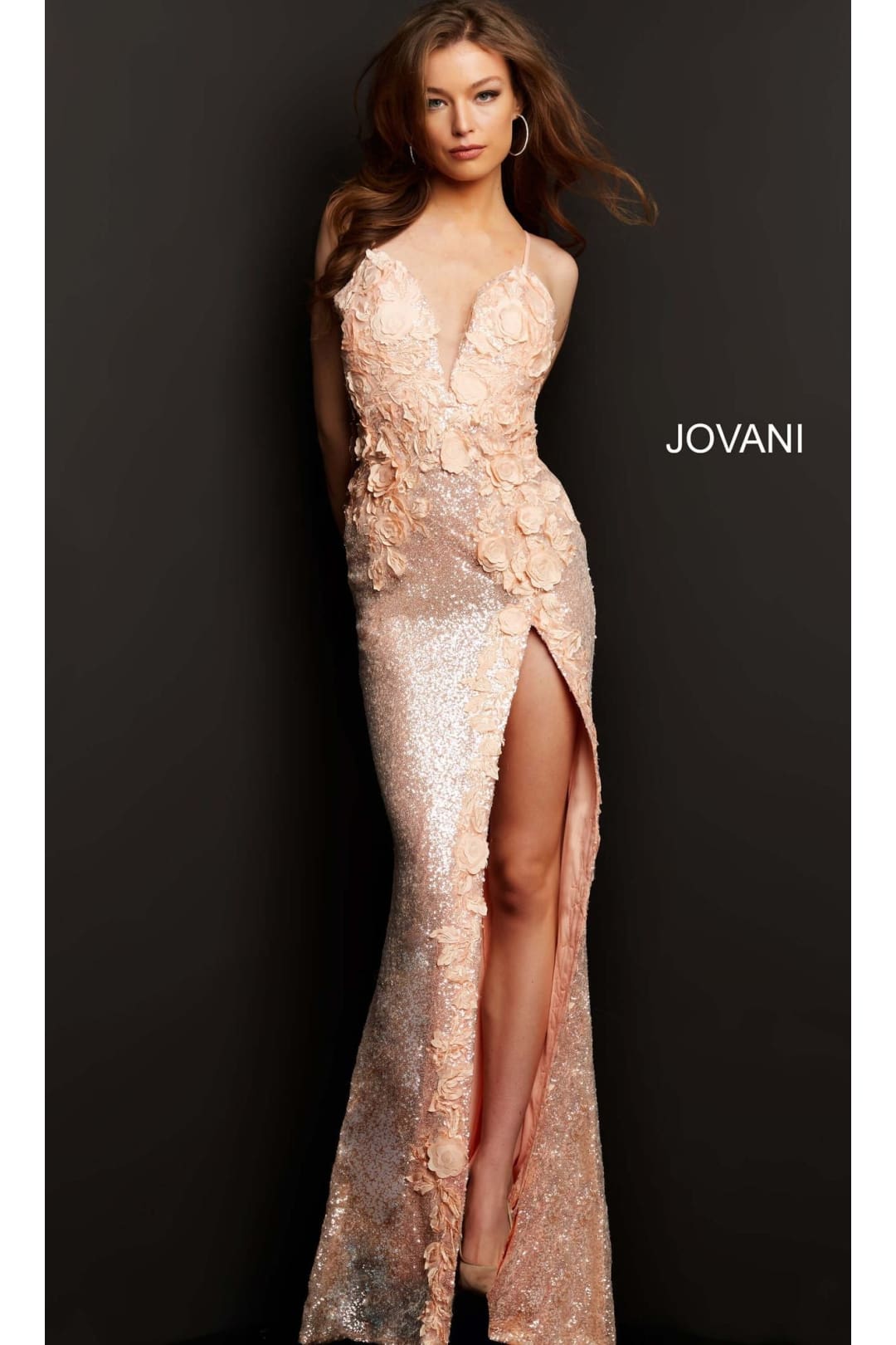 Long Sequin Jovani Prom Dress with Appliques - Rose Gold / 00 - Apparel & Accessories > Clothing > Dresses