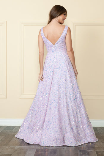 Poly USA 9168 Long Sequin V-Neck A-line Dress
