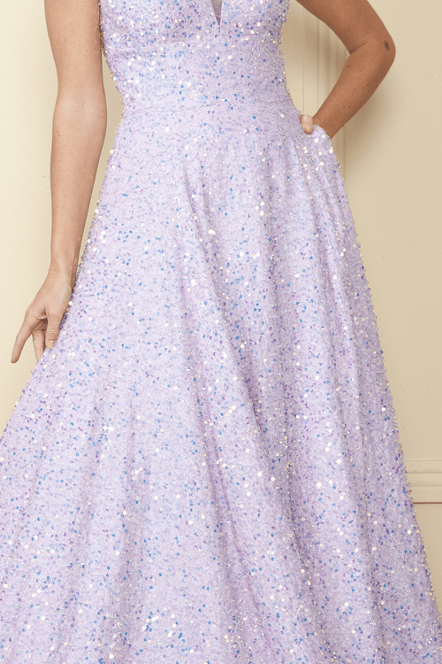 Poly USA 9168 Long Sequin V-Neck A-line Dress