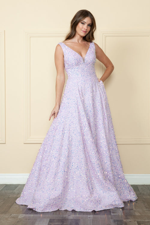 Poly USA 9168 Long Sequin V-Neck A-line Dress