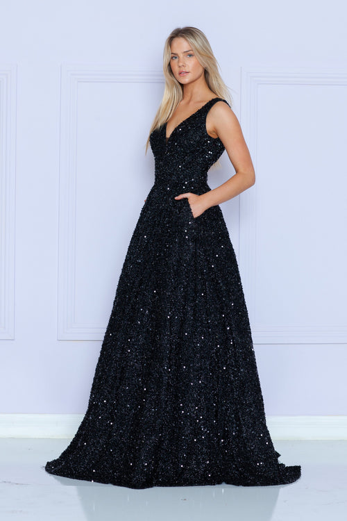 Poly USA 9168 Long Sequin V-Neck A-line Dress