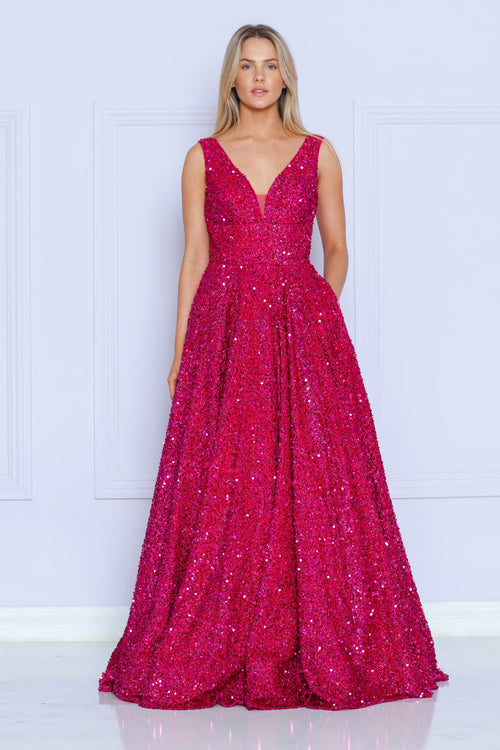 Poly USA 9168 Long Sequin V-Neck A-line Dress