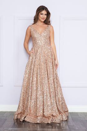 Poly USA 9168 Long Sequin V-Neck A-line Dress