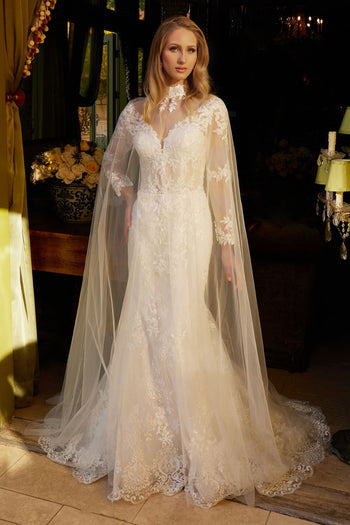 Long Sleeve Cape Bridal Gown by GLS Gloria GL3605 - XS / Off White - Long Formal Dresses