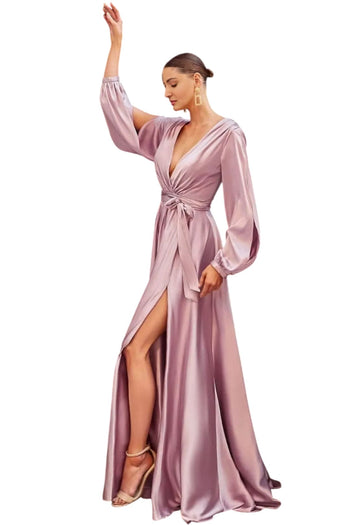 Long Sleeve High Slit Gown 2025 Elegant Evening Formal Dress - Nude / 2 - Prom