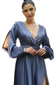 Long Sleeve High Slit Gown 2025 Elegant Evening Formal Dress - Smoky Blue / 2 - Prom