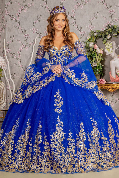 Long Sleeve Off Shoulder Ball Gown by Elizabeth K GL3184 - XS / Royal Blue/Gold - Quinceanera Dresses