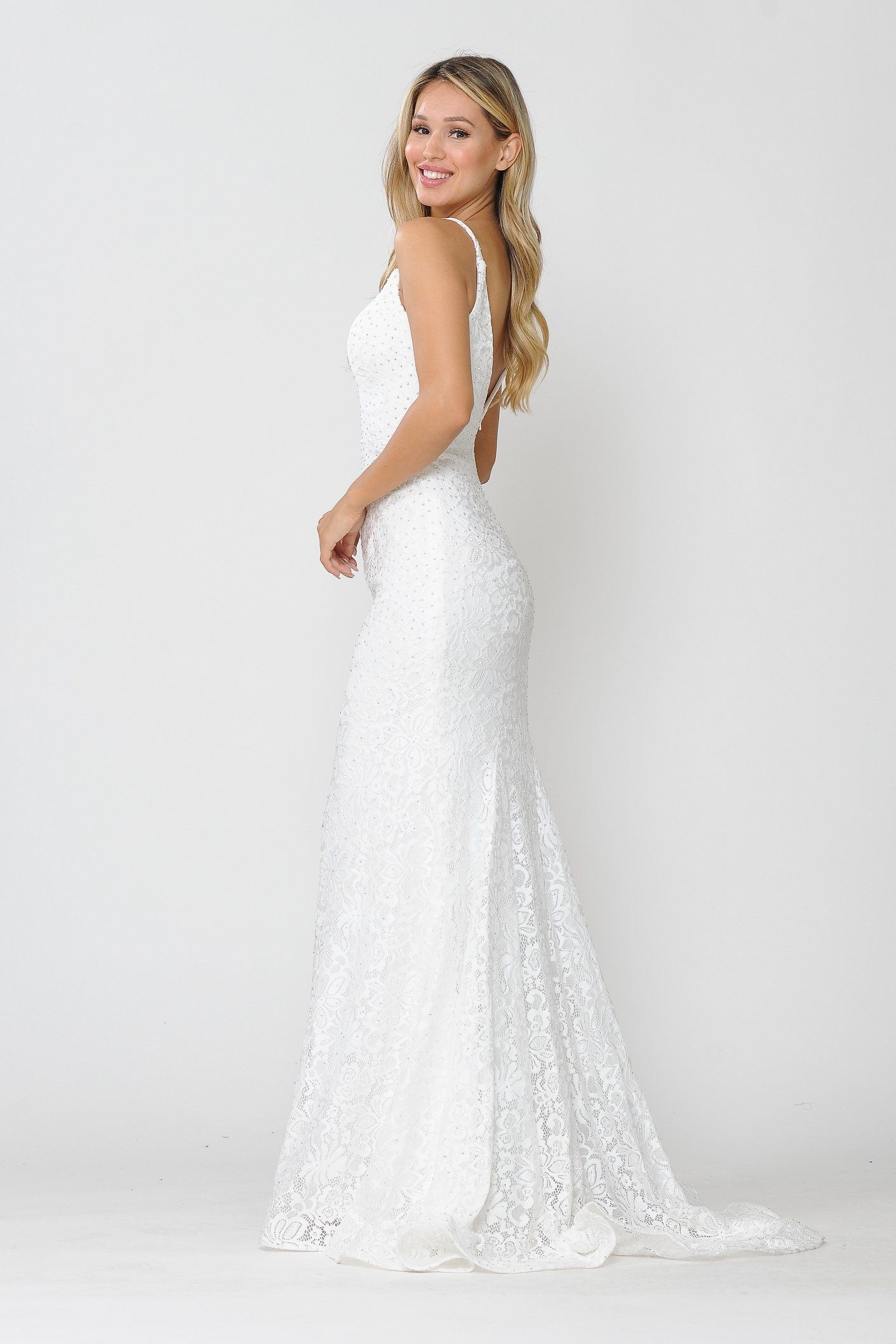 Vestido largo de sirena sin mangas con encaje y cuentas de Poly USA 8590