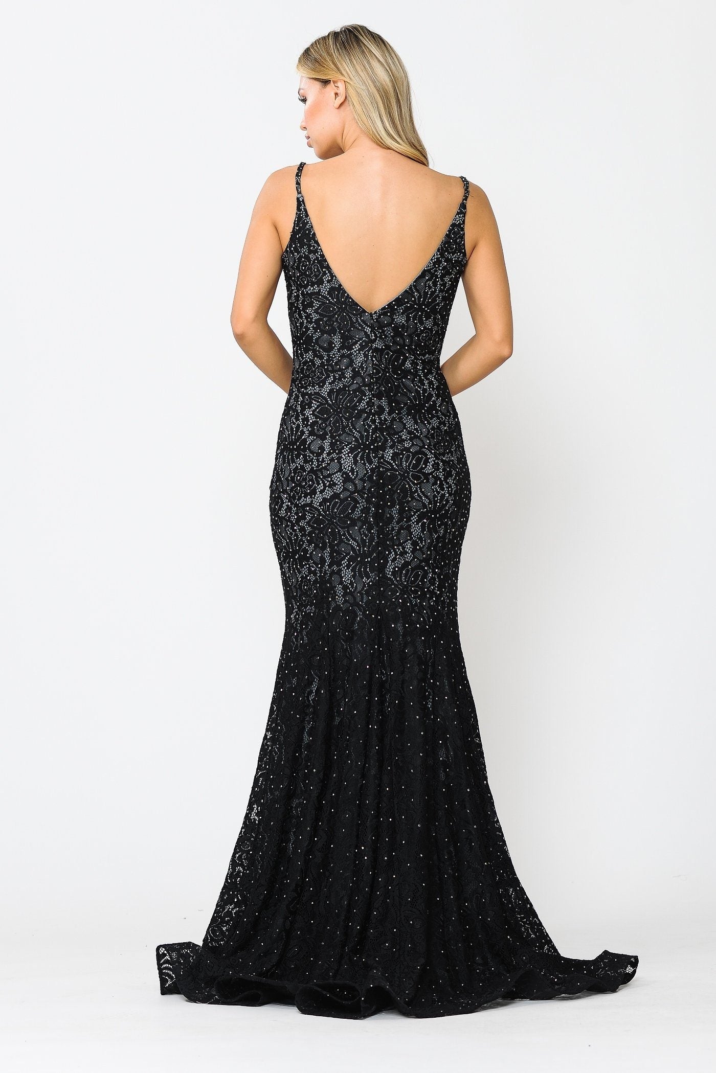 Vestido largo de sirena sin mangas con encaje y cuentas de Poly USA 8590