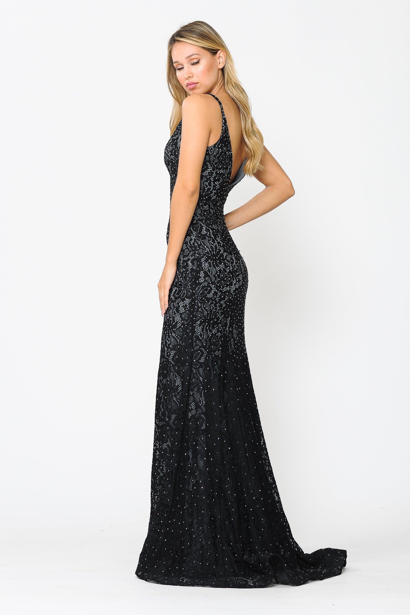 Vestido largo de sirena sin mangas con encaje y cuentas de Poly USA 8590