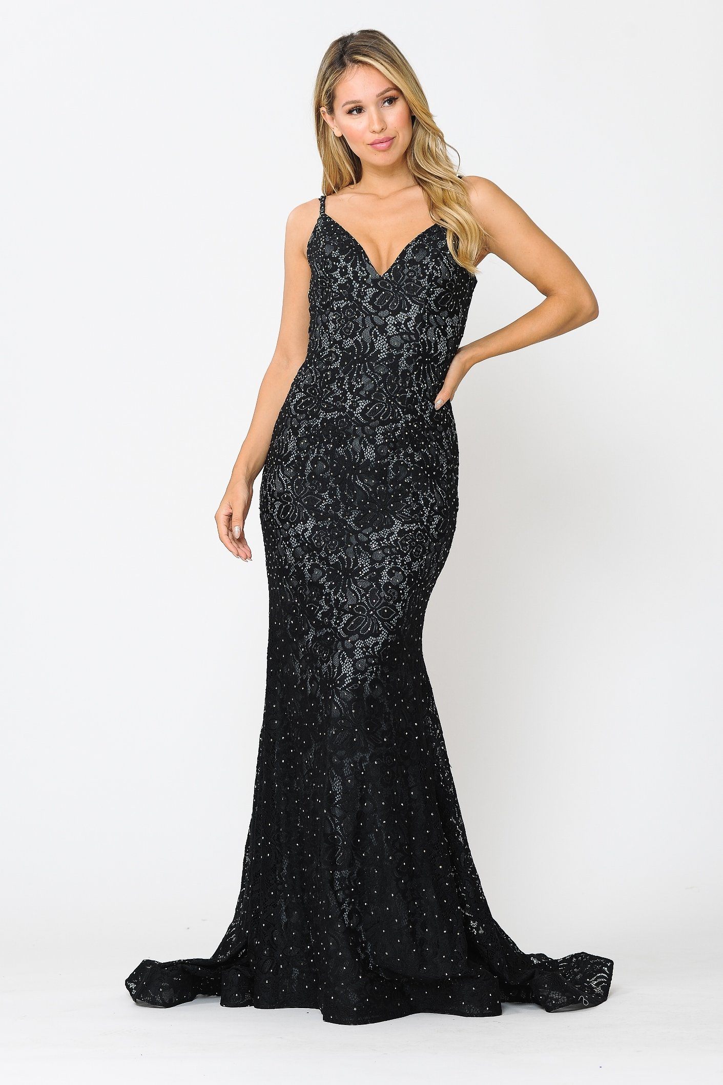 Vestido largo de sirena sin mangas con encaje y cuentas de Poly USA 8590