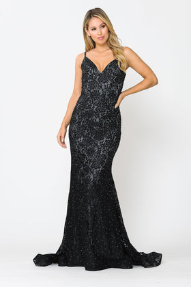 Poly USA 8590 Long Sleeveless Beaded Lace Mermaid Dress