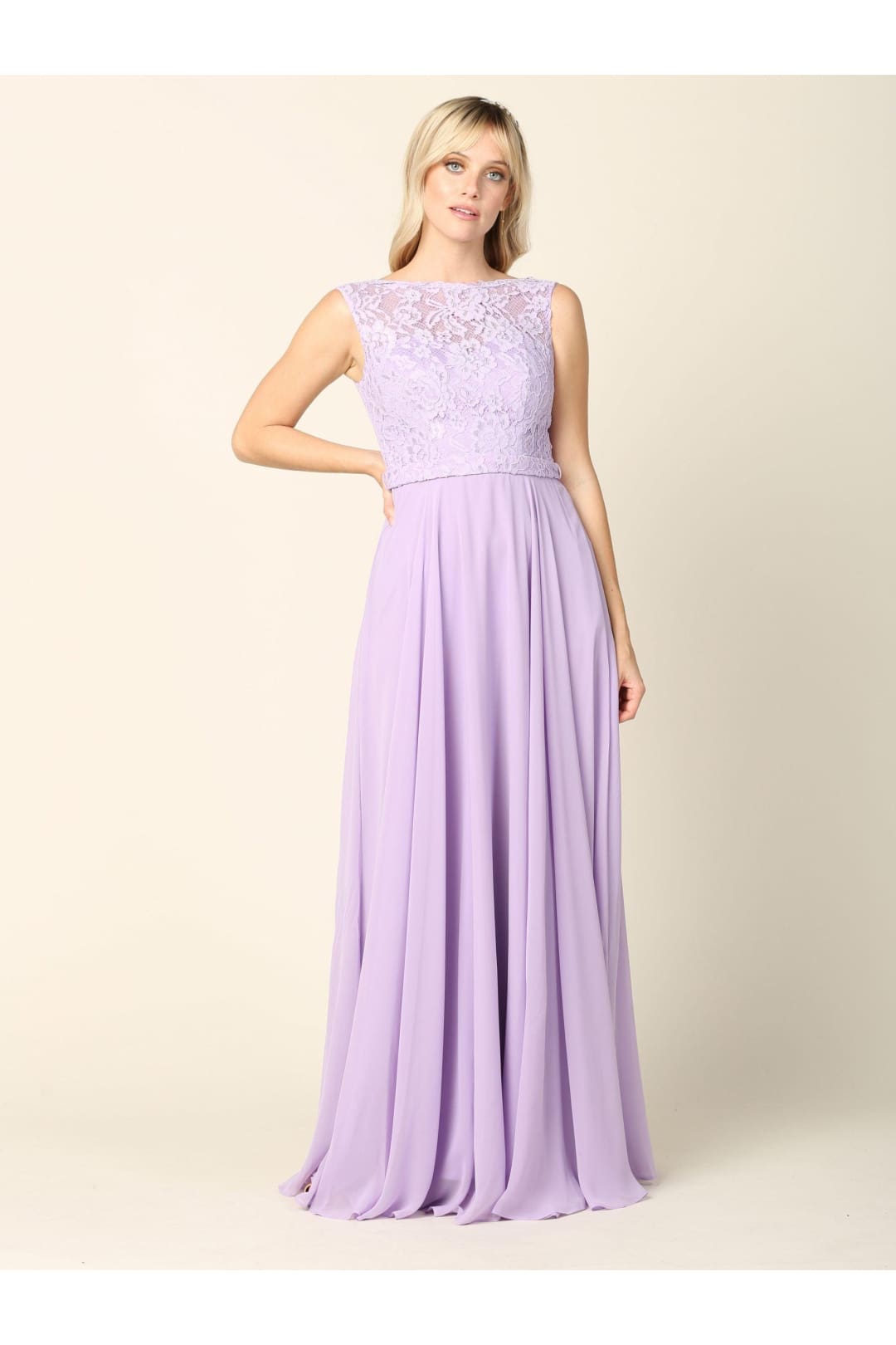 Long Sleeveless Bridesmaids Lace Chiffon Dress - The Dress Outlet