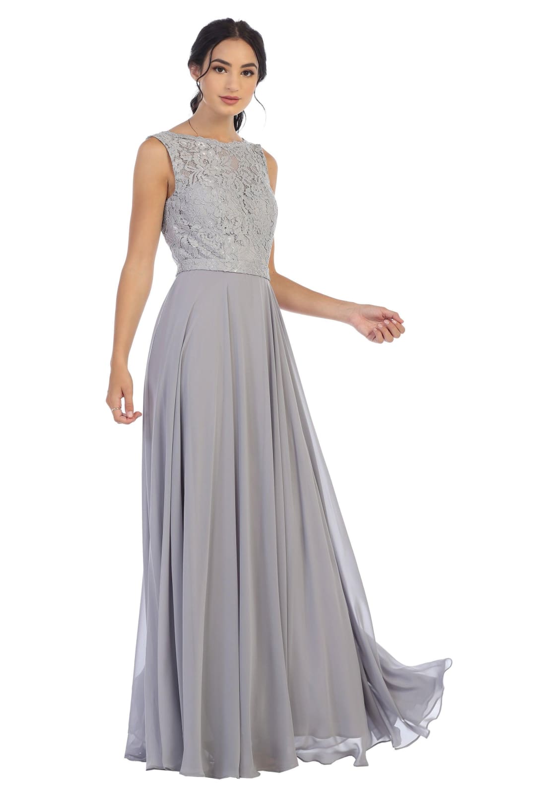 Long Sleeveless Bridesmaids Lace Chiffon Dress - The Dress Outlet