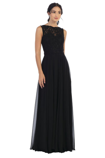 Long Sleeveless Bridesmaids Lace Chiffon Dress - The Dress Outlet