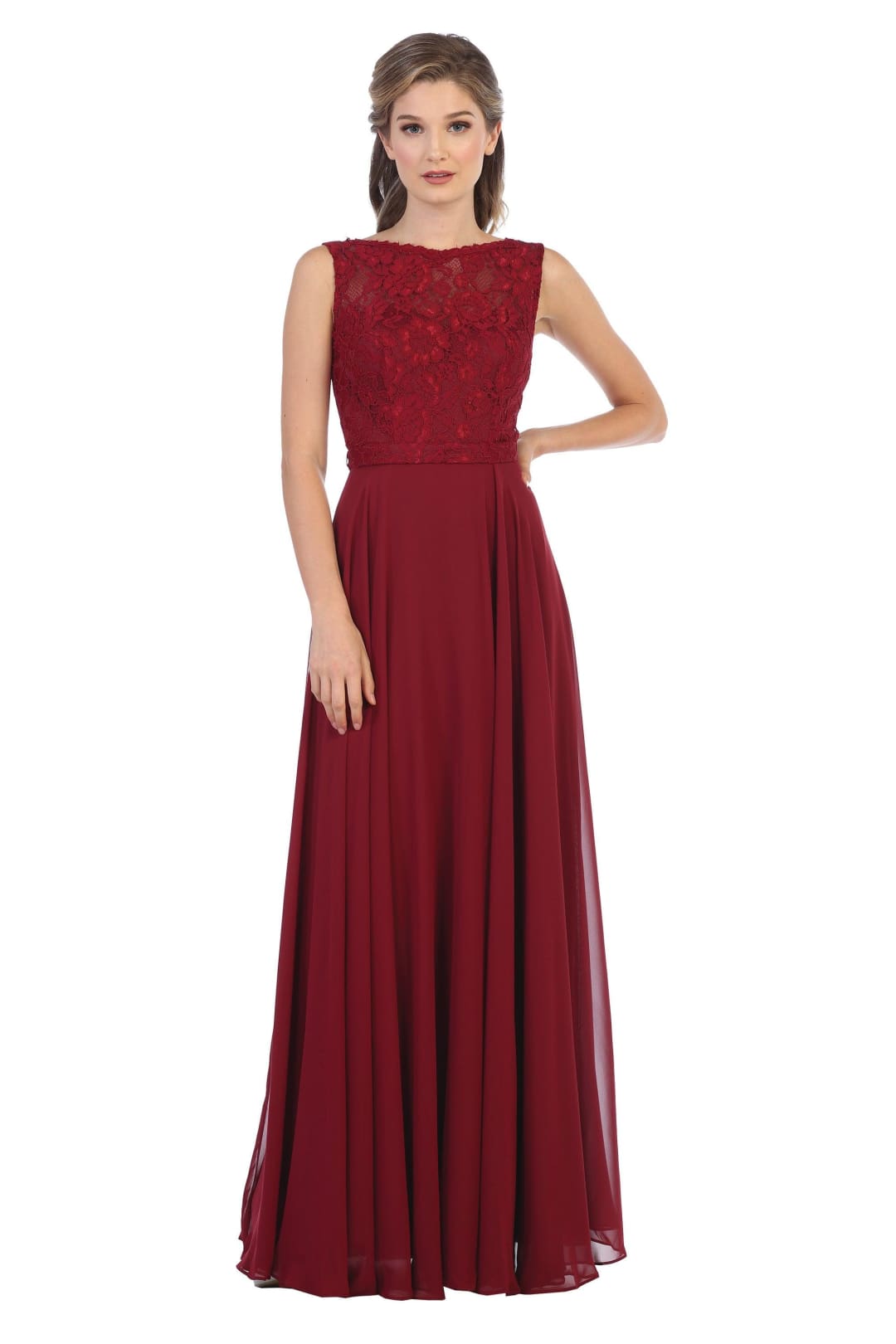 Long Sleeveless Bridesmaids Lace Chiffon Dress - The Dress Outlet