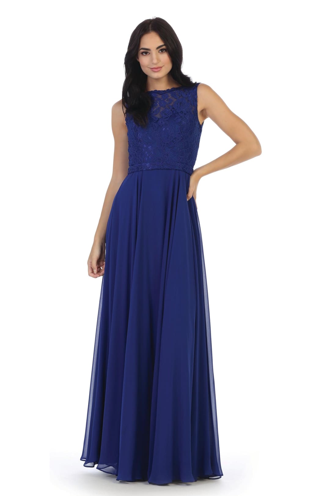 Long Sleeveless Bridesmaids Lace Chiffon Dress - The Dress Outlet